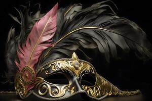 carnaval temps. vénitien masque avec plumes sur noir arrière-plan, neural réseau ai généré photo