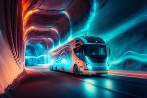 une néon entraîneur, ou longue transporter autobus pour touristes disques par le Montagne tunnels et routes. neural réseau généré art photo
