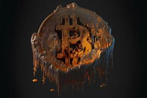 brûlant bitcoin sur Feu flamme sur noir Contexte. neural réseau généré art photo