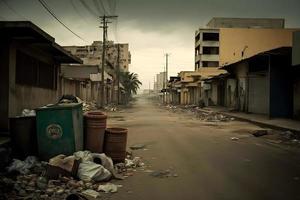 ghetto ville retour ruelle avec saleté ordures et pauvres résidentielle Maisons. neural réseau généré art photo