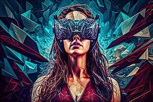 futuriste femme portant virtuel réalité lunettes. neural réseau ai généré photo