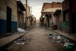 ghetto ville retour ruelle avec saleté ordures et pauvres résidentielle Maisons. neural réseau généré art photo