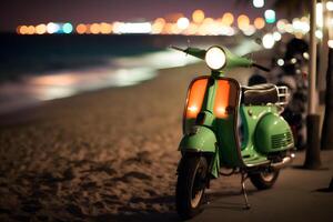 scooter vélomoteur à océan conduire Miami plage à nuit avec néon lumières de hôtels. neural réseau ai généré photo