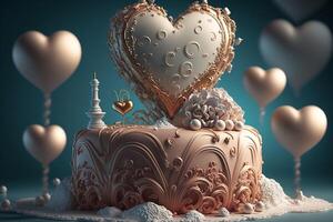 mariage gâteau avec crème et cœur en forme de décoration sur Haut. ai génératif photo