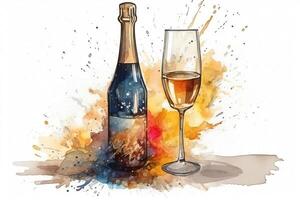 Champagne bouteille éclater avec verre et illustré aquarelle boire. ai généré photo