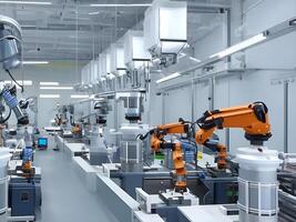moderne haute technologie industriel robotique bras sur le usine production ligne production ligne est étant soudé. génératif ai. photo