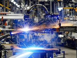 moderne haute technologie industriel robotique bras sur le usine production ligne production ligne est étant soudé. génératif ai. photo