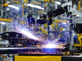 moderne haute technologie industriel robotique bras sur le usine production ligne production ligne est étant soudé. génératif ai. photo