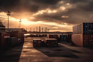 espace de rangement à Port avec conteneurs à le coucher du soleil. ai généré photo