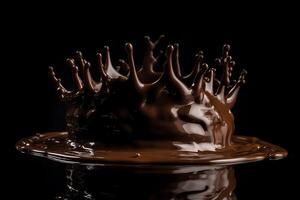 Chocolat liquide couronne éclaboussures sur noir avec ondulations. ai généré photo