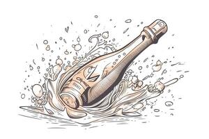 ligne dessin Champagne bouteille avec éclaboussure ouverture dans la victoire et vacances concept sur blanche. ai généré photo