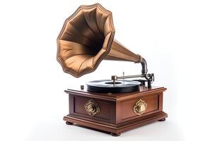 ancien gramophone sur blanc Contexte. ai généré photo