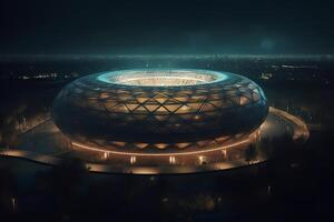 un imaginaire Football stade est modelé et rendu à nuit. ai généré photo