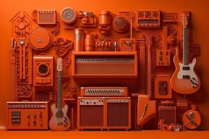 vibrant 3d illustration de Orange la musique équipement sur une mur. ai généré photo