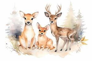 aquarelle forêt animaux illustration avec bébé cerfs Noël vacances ai généré photo