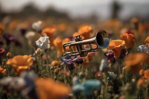 une trompette proche en haut au milieu de une champ de fleurs avec une brumeux Contexte de assorti fleurit. ai généré photo