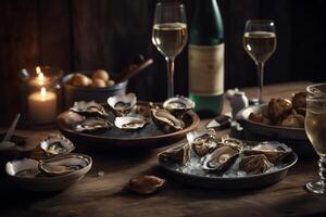 Huîtres et du vin à une animé Fruit de mer restaurant. ai généré photo