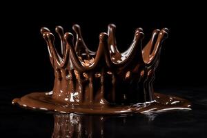 Chocolat liquide couronne éclaboussures sur noir avec ondulations. ai généré photo