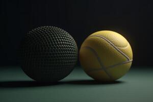 tennis Balle et 3d le rendu deux objets un physique et un numérique. ai généré photo