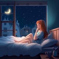 fille sur lit à nuit anime image génératif ai photo