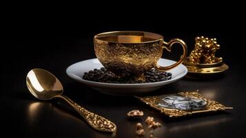 une d'or tasse cuillère et carte séance sur une noir table génératif ai photo