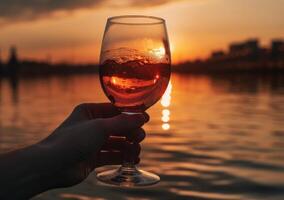 une main détient une verre de rouge du vin en dehors à le l'eau génératif ai photo