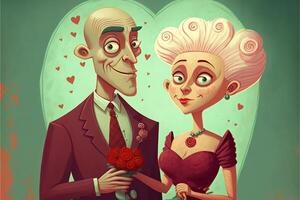dessin animé illustration de un vieux couple sur la Saint-Valentin journée ai généré photo