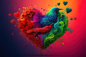 coloré la Saint-Valentin journée s'abstenir illustration avec cœurs et des oiseaux ai généré photo