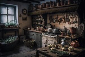 illustration de un antique cuisine avec des casseroles, légumes, breuvages, four, ai généré photo