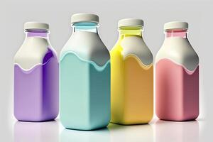 illustration de coloré égouttage Lait bouteilles, blanc Contexte ai généré photo