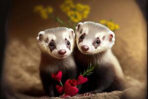 illustration de deux furets dans l'amour étreindre chaque autre, avec fleurs, furet repaire dans arrière-plan, la Saint-Valentin journée ai généré photo