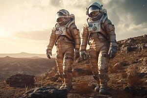 deux astronautes marcher sur le surface de Mars, le planète Mars et le expédition à Mars, génératif ai. photo