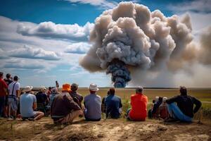 une groupe de gens regarder une fusée lancement dans espace sur le horizon, génératif ai. photo