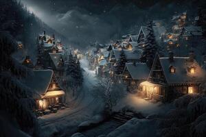 soir village dans le montagnes pendant Noël célébrations, génératif ai. photo