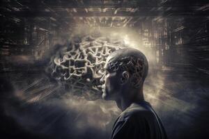 silhouette de homme tête avec neural Connexions dans cerveau. génératif ai photo