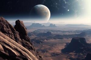 surface de inconnue planète avec cratères et montagnes. génératif ai photo