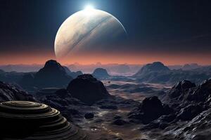 surface de inconnue planète avec cratères et montagnes. génératif ai photo