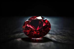 rouge diamant est une rare précieux Naturel géologique pierre sur une noir Contexte dans faible clé. ai généré. photo