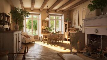 conception de une confortable vivant pièce intérieur dans une moderne Provence style. ai généré. photo