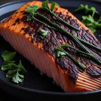 une assiette de Saumon avec une garnir de persil sur il ai généré photo