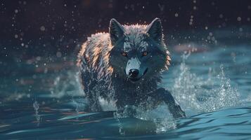 Loup natation, numérique art illustration, génératif ai photo