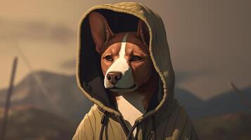 élégant basenji chien portant sweatshirt à capuche, numérique art illustration, génératif ai photo