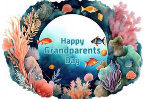 content grands-parents journée rond Cadre forme avec coraux mer éponges algues et tropical poisson. génératif ai photo