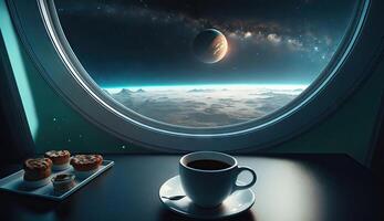 proche en haut tasse de chaud café sur table dans le vaisseau spatial avec galaxie espace, étoile, planète, astéroïdes, météore et nébuleuse vue forme fenêtre, en buvant café dans le univers avec génératif ai. photo