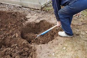 homme creusant un trou pour planter un arbre fruitier dans le jardin photo