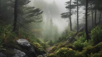 génératif ai, brumeux sapin forêt magnifique paysage dans branché ancien rétro style, brumeux montagnes et des arbres photo