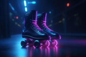 génératif ai, rouleau patin dans cyberpunk style, disco nostalgique années 80, années 90. néon nuit lumières vibrant couleurs, photoréaliste horizontal illustration de le futuriste ville. sport activité concept. photo