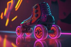 génératif ai, rouleau patin dans cyberpunk style, disco nostalgique années 80, années 90. néon nuit lumières vibrant couleurs, photoréaliste horizontal illustration de le futuriste ville. sport activité concept. photo