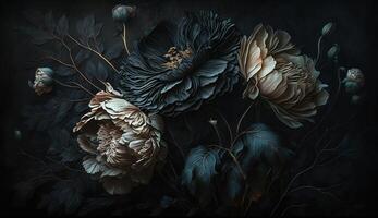 génératif ai, proche en haut de épanouissement parterres de fleurs de incroyable noir fleurs sur foncé gothique de mauvaise humeur floral texturé Contexte. photoréaliste effet. photo
