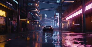 génératif ai, nuit scène de après pluie ville dans cyberpunk style, futuriste nostalgique années 80, années 90. néon lumières vibrant couleurs, photoréaliste horizontal illustration. photo